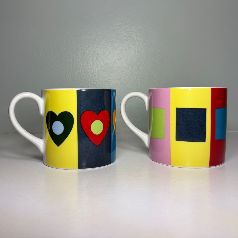 Set Of 2 GENE MEYER Swid‎ Powell ‘Stars’ Mugs Postmodern Vintage Hearts Squares